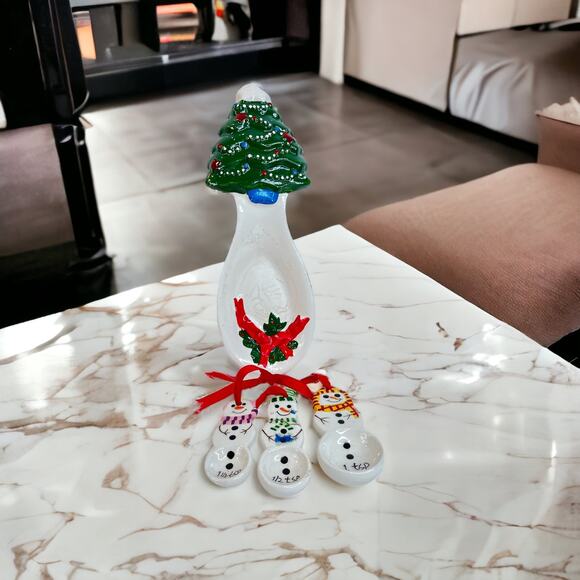 Vintage Loomco 1994 Ceramic Tree Spoon Rest & Snowman Christmas Measuring Spoons - Picture 1 of 7
